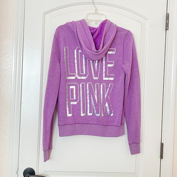 PINK Victoria's Secret Tops - Victoria's Secret Hoodie Medium Love Pink Purple Silver Full Zip Sweatshirt